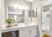 Thumbnail 5 of 16 - Affinitee at Stone Mountain Apartments photo of a bathroom with a large mirror and a sink