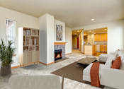 Thumbnail 5 of 15 - a living room with a fireplace and a couch