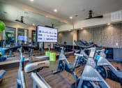 Thumbnail 11 of 18 - a gym with cardio bikes and a large screen