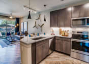 Thumbnail 6 of 18 - Pet Friendly Apartments In Grand Prairie, TX - Waters Edge At Mansfield - Modern Kitchen With Gray Wood Cabinets, Modern Decor, Wood-Style Flooring, Granite Countertops, And Stainless Steel Appliances