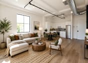 Thumbnail 1 of 25 - A modern living room with a white sofa, wooden coffee table, and a rug on the floor.