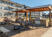 Thumbnail 24 of 40 - a picnic area with picnic tables and a grill in front of an apartment building