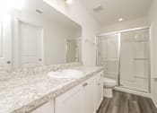 Thumbnail 25 of 75 - A bathroom with a marble countertop and a walk-in shower.