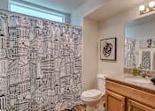 Thumbnail 25 of 47 - Apartments for Rent Spokane, WA - Canyon Bluffs - Bathroom with Wood-Style Flooring, Shower Curtain, Window, Vanity with Sink, Granite Countertops, Wood-Style Cabinetry, and Large Mirror.
