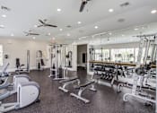 Thumbnail 2 of 33 - a gym with cardio equipment and weights on the floor and windows