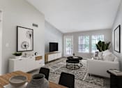 Thumbnail 11 of 39 - A modern living room with a dining table set for two.