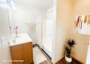 Thumbnail 8 of 20 - A bathroom with a sink, mirror, and a plant.
