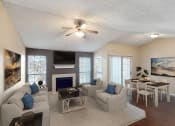 Thumbnail 1 of 24 - a living room with a fireplace and a ceiling fan