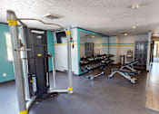 Thumbnail 21 of 41 - A gym with a variety of equipment including a weight machine and a bench press.
