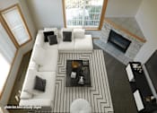 Thumbnail 3 of 16 - A living room with a white couch and a black and white rug.