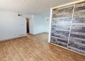 Thumbnail 3 of 28 - A room with wood-style flooring and a sliding door with wood planks.