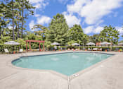 Thumbnail 22 of 33 - A large outdoor swimming pool surrounded by trees and lounge chairs.
