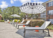 Thumbnail 23 of 33 - A row of sun loungers are arranged in a row under umbrellas.