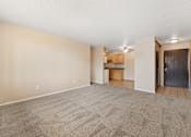 Thumbnail 4 of 20 - A room with a carpeted floor and a door on the right side.