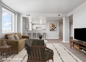 Thumbnail 1 of 16 - A living room with a couch, chair, and television.