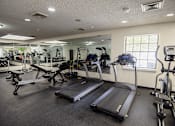 Thumbnail 23 of 32 - A gym with treadmills, elliptical machines, and other exercise equipment.
