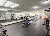 Thumbnail 22 of 32 - A gym with a variety of equipment including treadmills, weights, and exercise balls.