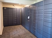 Thumbnail 14 of 25 - A room with a carpeted floor and a row of lockers on the wall.