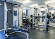 Thumbnail 22 of 25 - A gym with a squat rack, bench and weights.