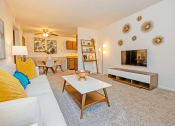 Thumbnail 2 of 20 - a living room with a couch coffee table and fireplace