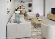 Thumbnail 1 of 8 - A living room with a couch, chairs, and a coffee table.