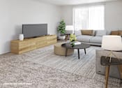 Thumbnail 3 of 8 - A modern living room with a flat screen TV, a coffee table, and a couch.