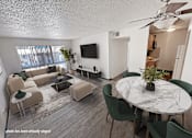 Thumbnail 1 of 28 - A living room with a white ceiling fan and a white marble table surrounded by green chairs.