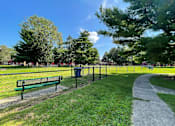 Thumbnail 12 of 19 - A park with a green bench and a pathway.