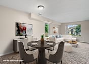 Thumbnail 20 of 26 - A dining room with a table set for two and a couch in the background.