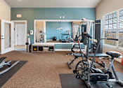 Thumbnail 15 of 29 - A gym with a variety of equipment including a treadmill, stationary bike, and weight bench.