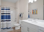 Thumbnail 16 of 38 - Bathroom with shower, toilet and well lit vanity.