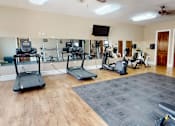 Thumbnail 16 of 30 - A gym with treadmills, elliptical machines, and a television.