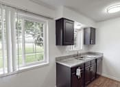 Thumbnail 1 of 32 - A kitchen with dark brown cabinets and a granite countertop.