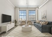 Thumbnail 4 of 16 - A living room with a grey couch, a white coffee table, a white dresser, a white TV and a large window.