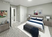 Thumbnail 8 of 18 - A bedroom with a bed, nightstands, and a painting on the wall.