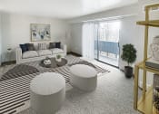 Thumbnail 2 of 18 - a living room with white furniture and a striped rug