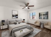 Thumbnail 5 of 18 - a bedroom with a large bed and a ceiling fan