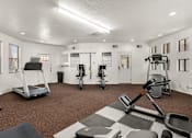 Thumbnail 16 of 25 - A gym with a treadmill, weights, and exercise equipment.