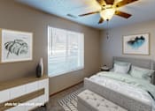 Thumbnail 5 of 6 - A bedroom with a bed, nightstand, and a ceiling fan.