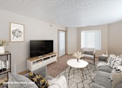 Thumbnail 1 of 6 - A living room with a television, a chair, a sofa, and a coffee table.