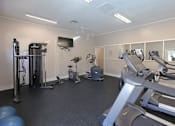 Thumbnail 13 of 18 - A spacious gym with treadmills, elliptical machines, and a television.
