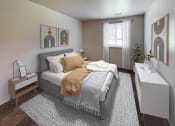 Thumbnail 8 of 23 - a bedroom with a bed and a dresser