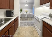Thumbnail 4 of 21 - A kitchen with brown cabinets and a white stove top oven.