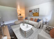 Thumbnail 1 of 21 - A living room with a white couch, a coffee table, and a painting on the wall.