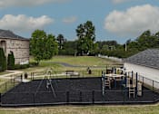 Thumbnail 18 of 33 - A playground with a slide, swings, and a climbing frame.