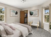 Thumbnail 4 of 11 - A bedroom with a large bed and a chair.