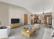 Thumbnail 3 of 11 - A living room with a television, a dining area, and a kitchen in the background.
