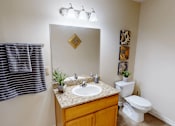 Thumbnail 11 of 35 - A bathroom with a toilet, sink, mirror, and a plant.