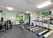 Thumbnail 21 of 31 - A gym with treadmills, weights, and a television.