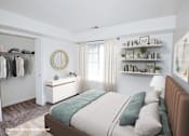Thumbnail 6 of 33 - A bedroom with a large bed and a clothing rack.
